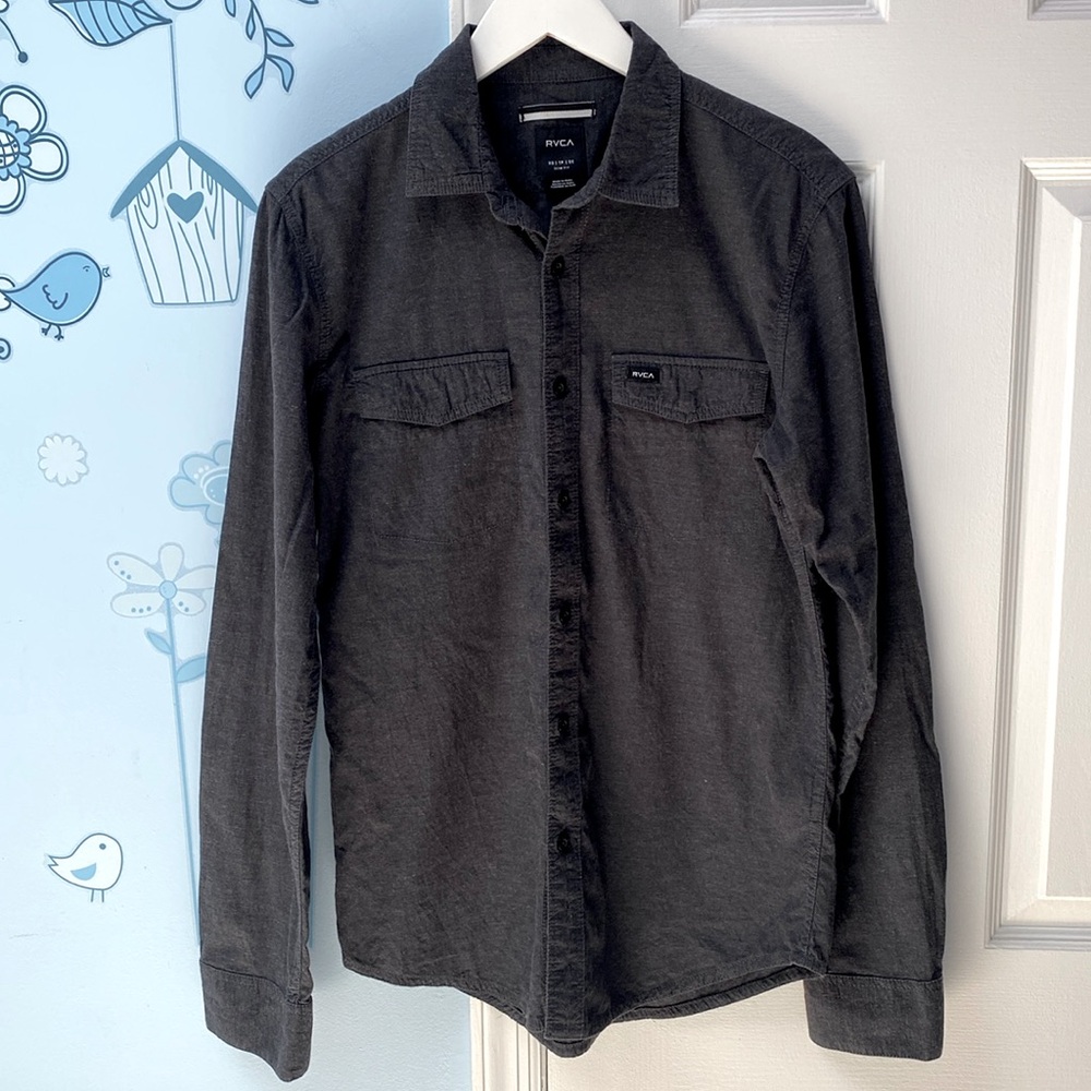RVCA Buttons Up 100% Cotton Slim Fit Charcoal Black Gray Men's Shirt Size XS !
